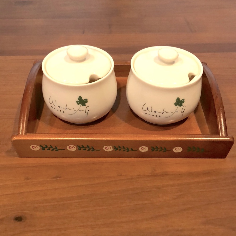 Matching Sugar Bowls with Wooden Tray